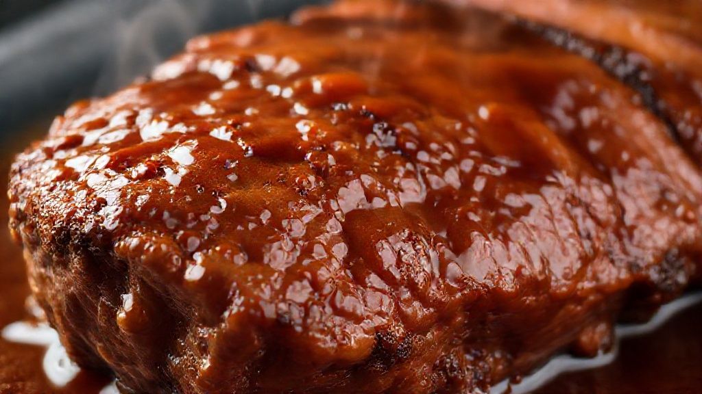 Close-up da carne macia com molho encorpado escorrendo, destacando a textura e brilho