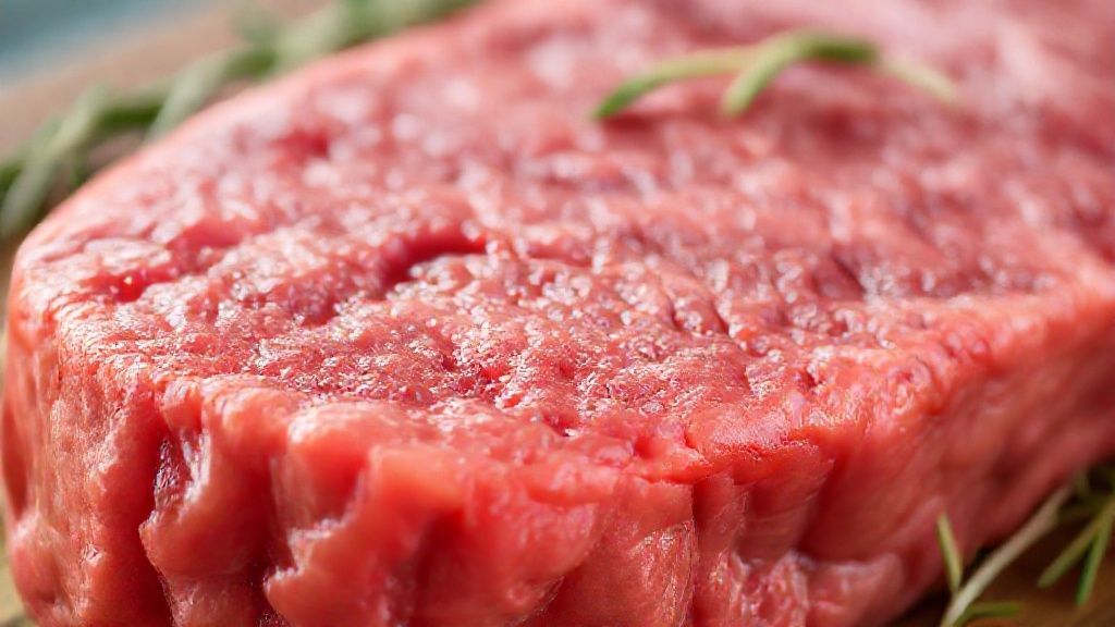 Close-up da carne já descongelada, mostrando textura firme e suculenta antes de ser cozinhada