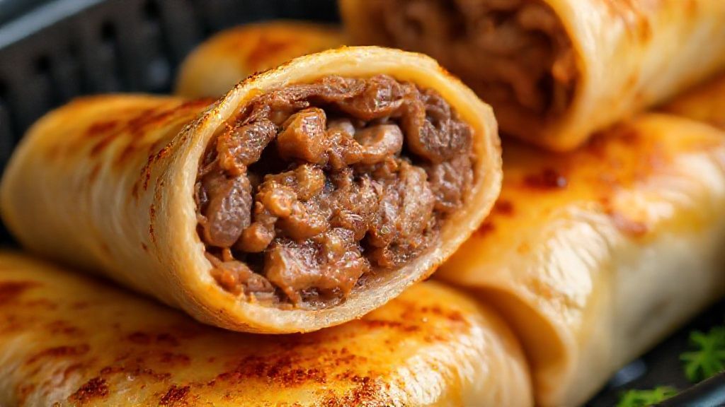 Close-up mostrando a carne dourada, suculenta e com recheio visível ao corte.