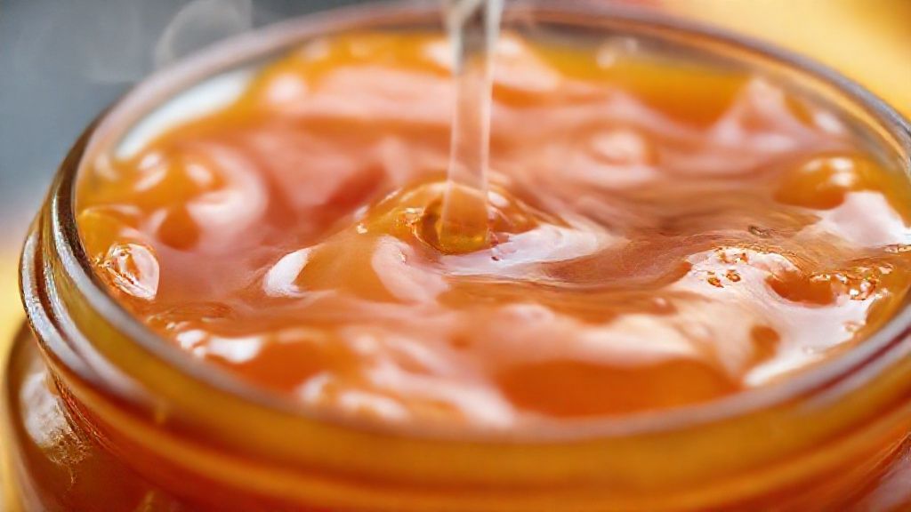 Close-up da chimia de pêssego pronta, mostrando brilho e textura cremosa