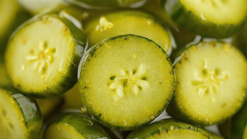 Close-up de rodela de pepino em conserva sendo retirada do pote com garfo, mostrando brilho e textura crocante