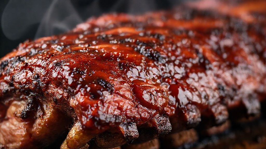 Close-up da costela assada com crosta caramelizada e fumaça saindo, realçando o brilho do molho