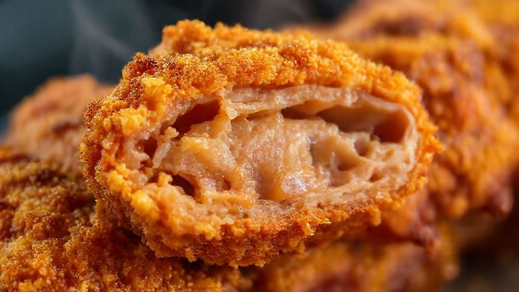 Close-up mostrando a textura crocante da costela de tambaqui recém-frita.