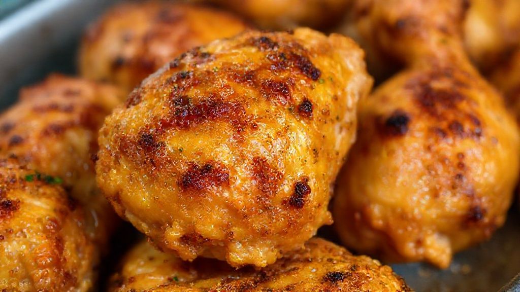 Close-up da coxinha da asa pronta, mostrando a pele crocante e carne suculenta