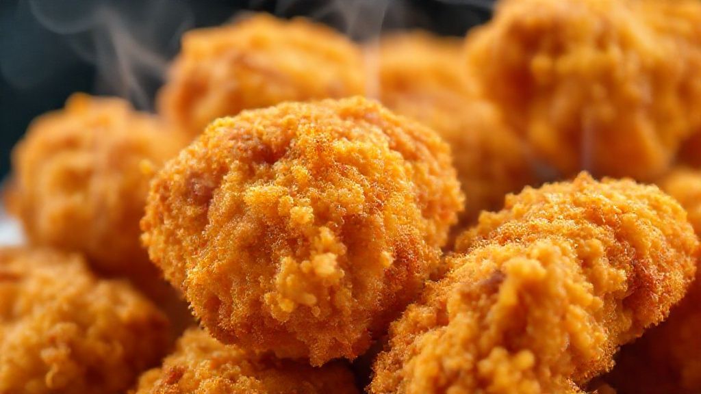 Close-up destacando a textura crocante e dourada da casquinha da coxinha da asa