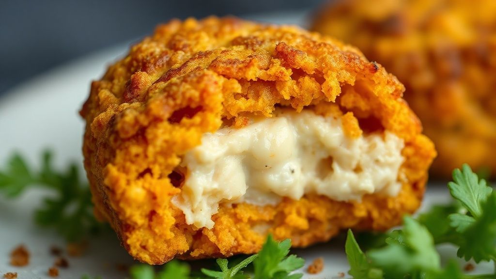 Close-up da coxinha fit dourada cortada ao meio, destacando o recheio cremoso e a textura crocante da massa