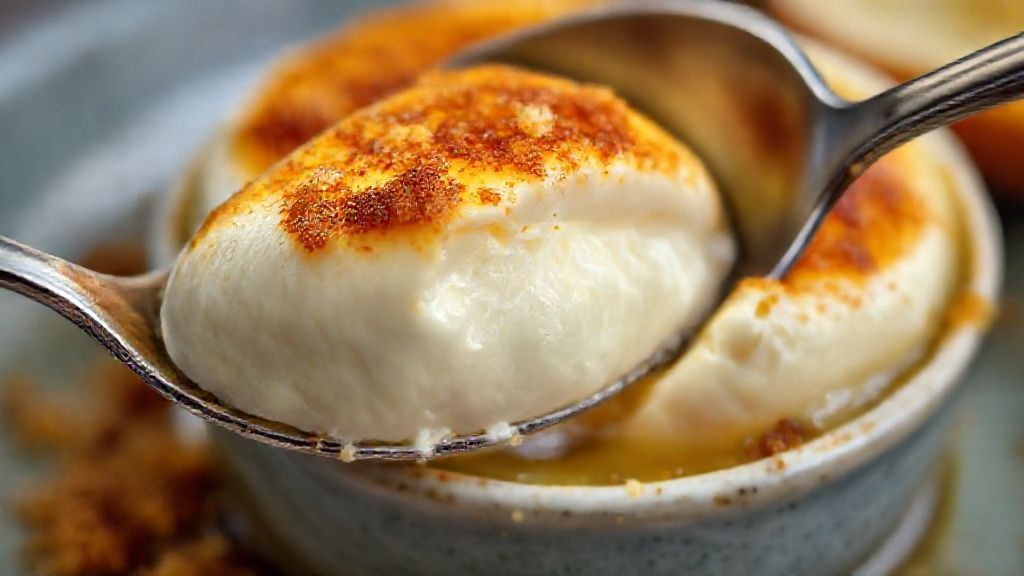 Close-up da crema catalana pronta, mostrando a crosta dourada quebrada pela colher.