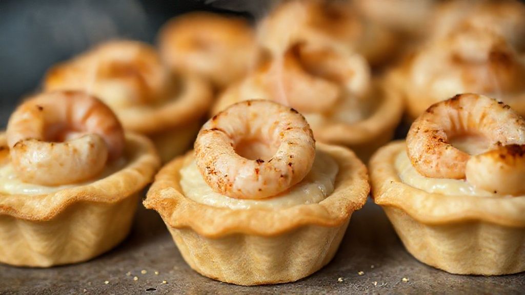 Close-up mostrando a textura crocante da empadinha e o recheio cremoso de camarão