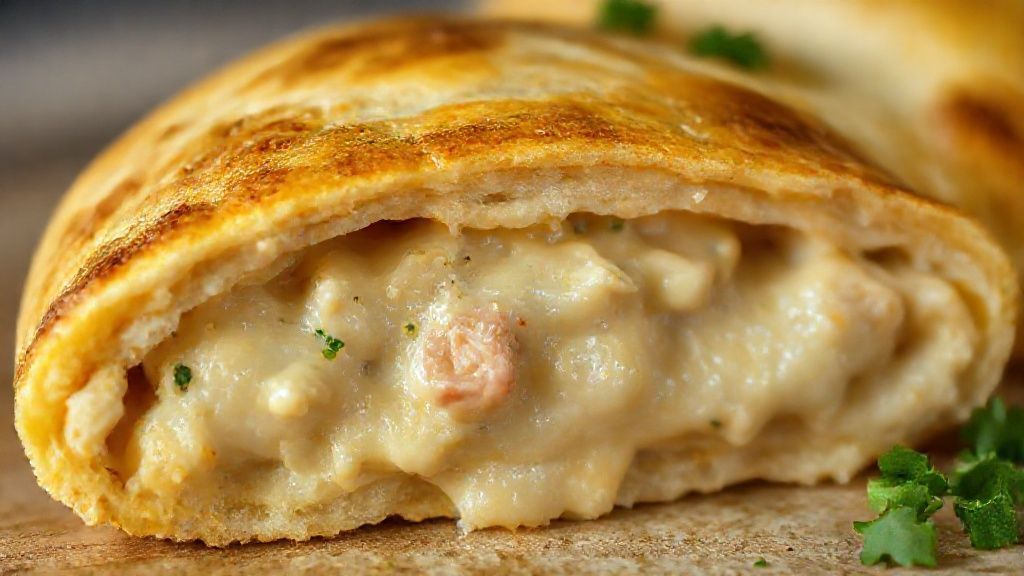 Close-up mostrando a textura crocante da massa e o recheio cremoso de frango saindo da empadinha