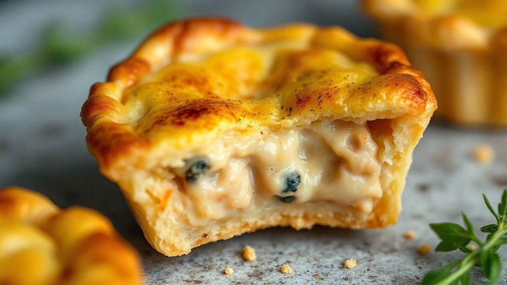 Close-up mostrando o interior cremoso e a casquinha dourada da empadinha partida ao meio.