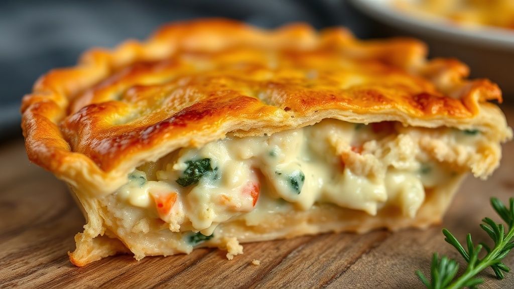 Close-up da empadinha cortada ao meio, mostrando o recheio cremoso e a massa crocante