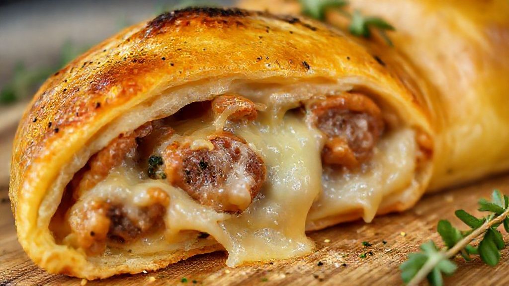 Close-up de uma esfiha aberta mostrando o recheio suculento de calabresa e queijo derretido