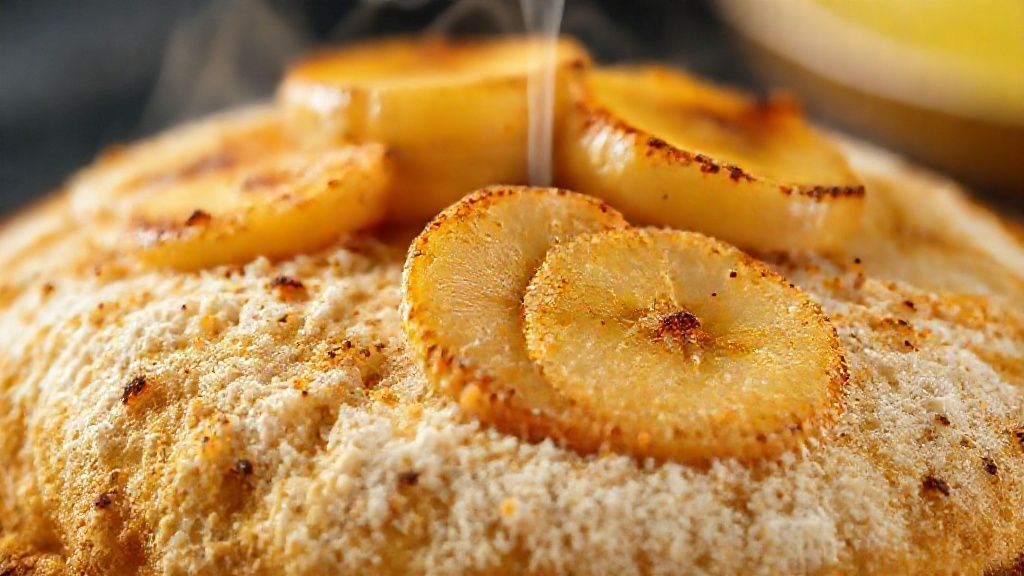 Close-up da farofa de banana pronta, mostrando a textura crocante e os pedaços de banana dourados.