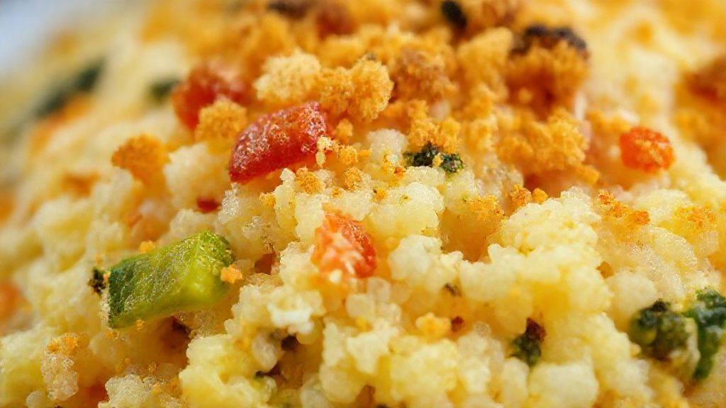 Close-up da farofa fria pronta, mostrando os pedaços de legumes, ovos e a textura crocante dourada