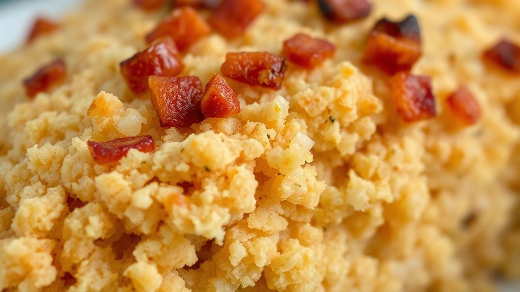 Close-up da farofa soltinha e dourada, mostrando os pedaços de bacon e a textura úmida