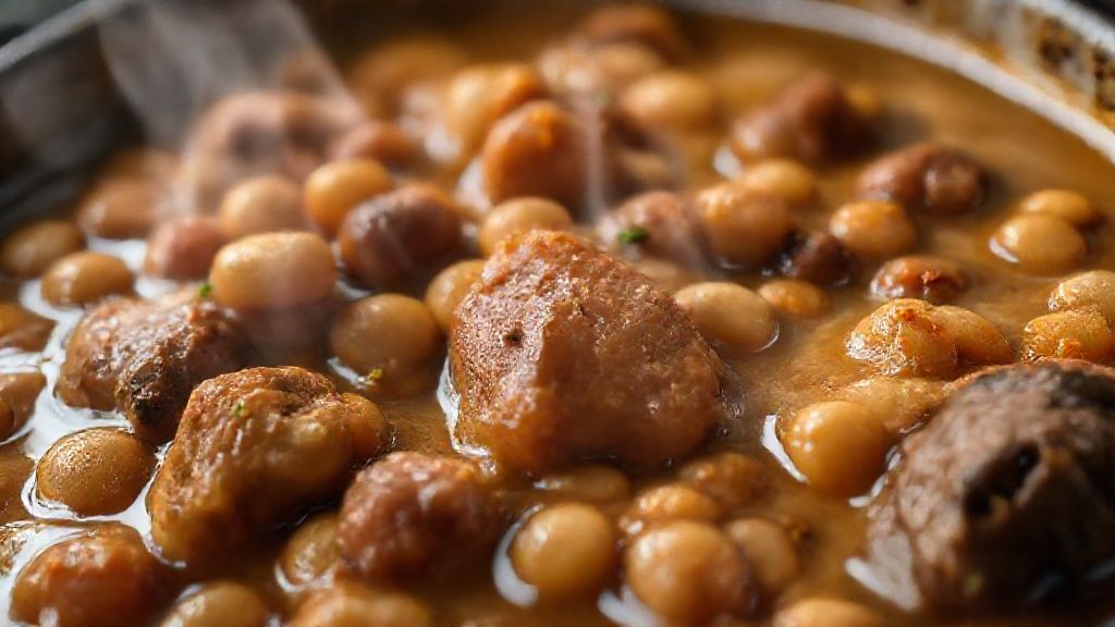 Close-up da feijoada pronta, mostrando o feijão cremoso e pedaços de carne suculentos