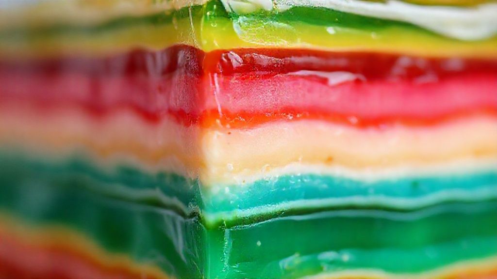 Close-up da gelatina em camadas mostrando a textura translúcida e o contraste das cores