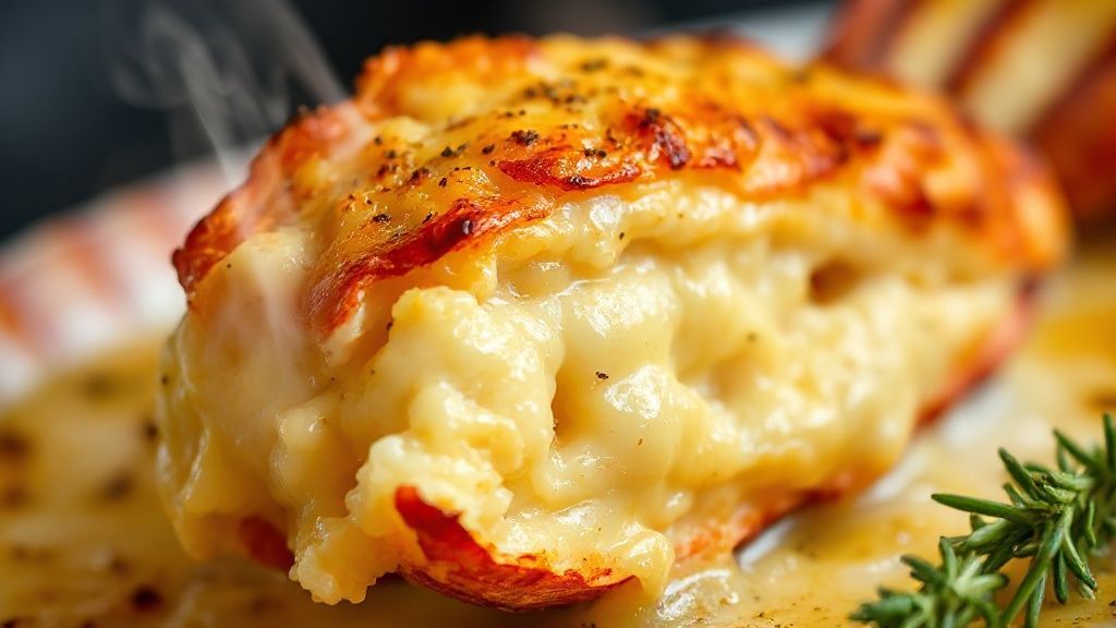 Close-up da lagosta gratinada com queijo dourado e textura suculenta