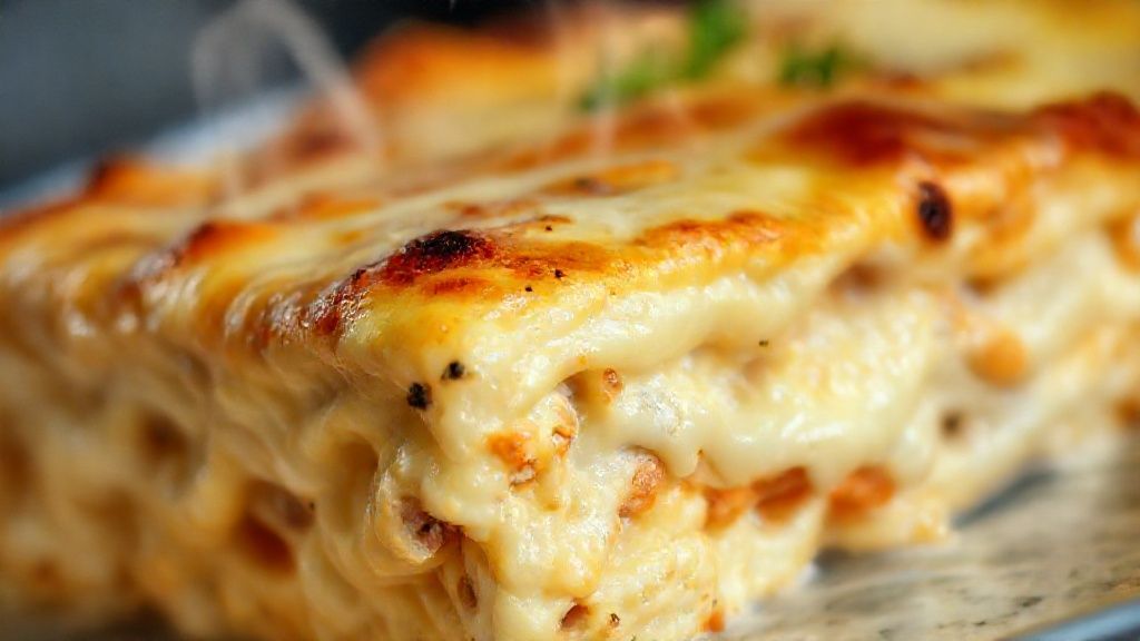 Close-up da lasanha cremosa com queijo gratinado e textura suculenta