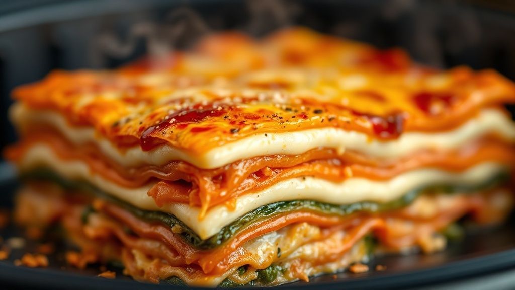 Close-up da lasanha pronta mostrando o queijo gratinado e o interior bem aquecido e cremoso