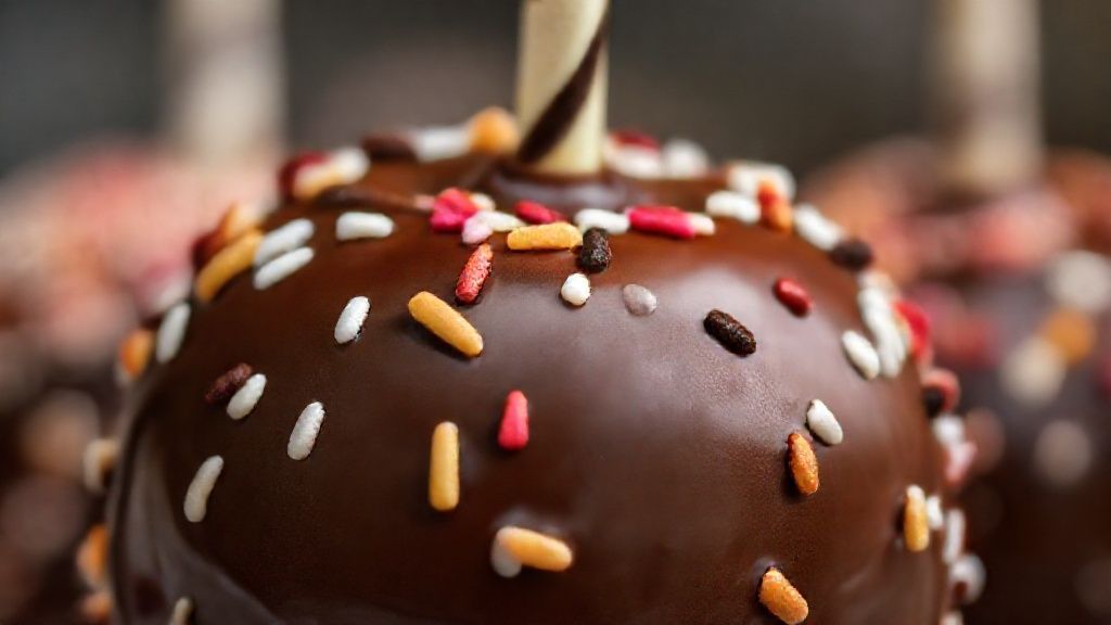 Close-up mostrando o brilho e a textura crocante do chocolate da maçã finalizada