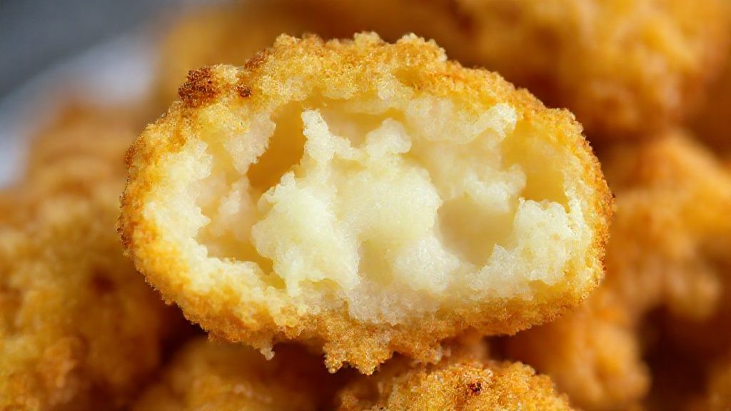 Close-up de uma mandioca frita aberta ao meio, revelando o interior cremoso e a casquinha crocante dourada.