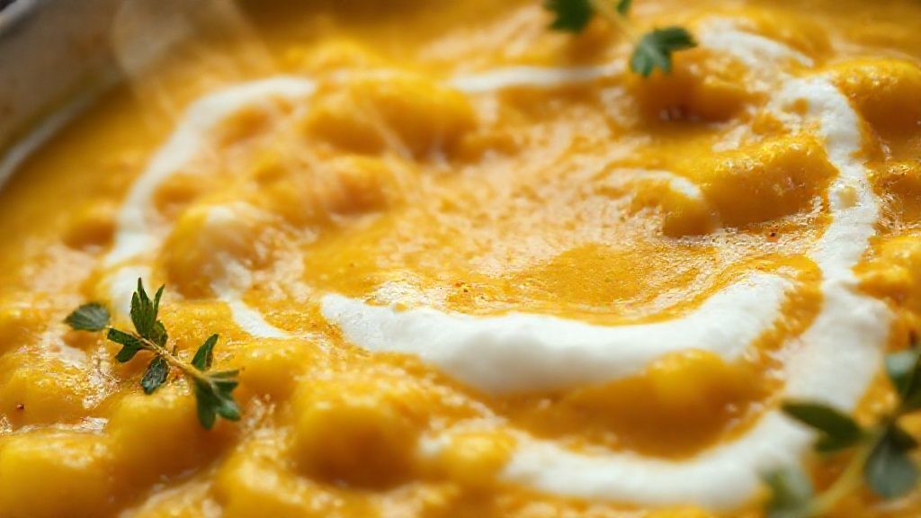 Close-up do prato pronto, destacando a textura cremosa e o contraste das cores vibrantes do curry e do coentro