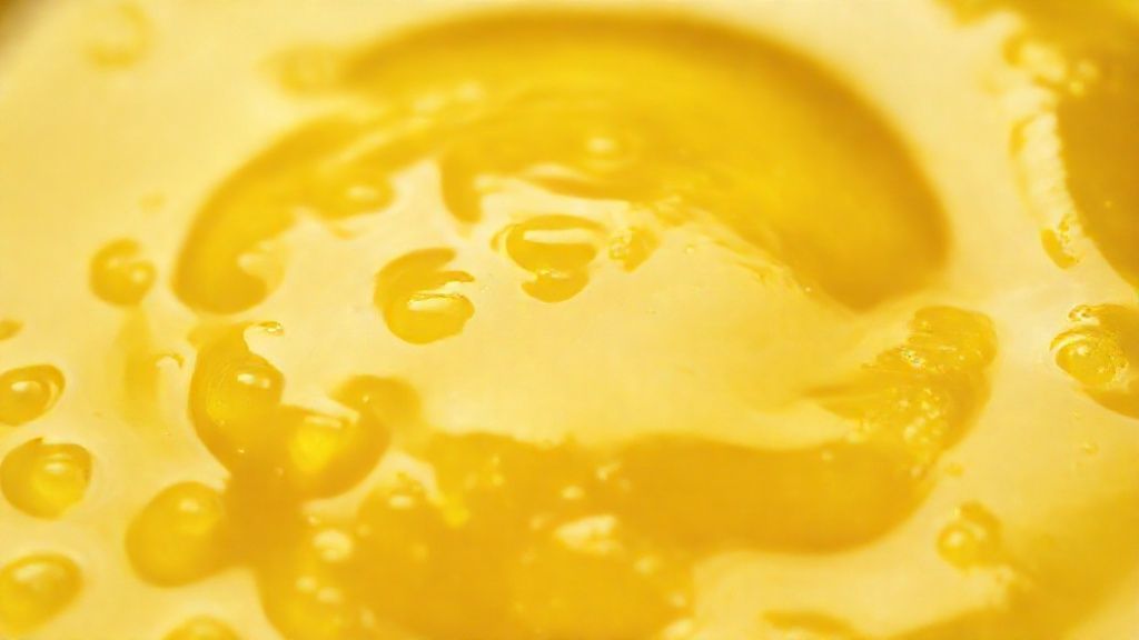 Close-up mostrando textura brilhante e cor dourada da ghee em pote de vidro