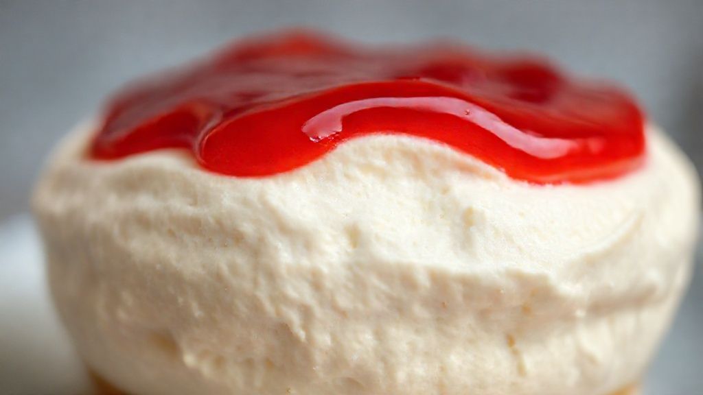 Close-up mostrando a textura cremosa da mousse e o brilho da geleia de morango por cima