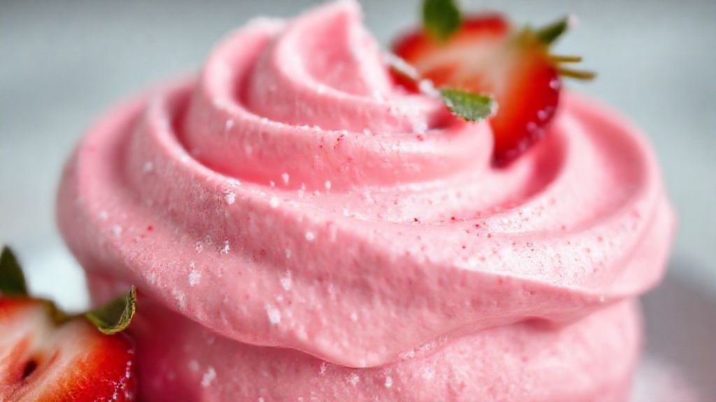 Close-up da textura aerada e cremosa da mousse, com coloração rosada intensa e pedaços de morango fresco.