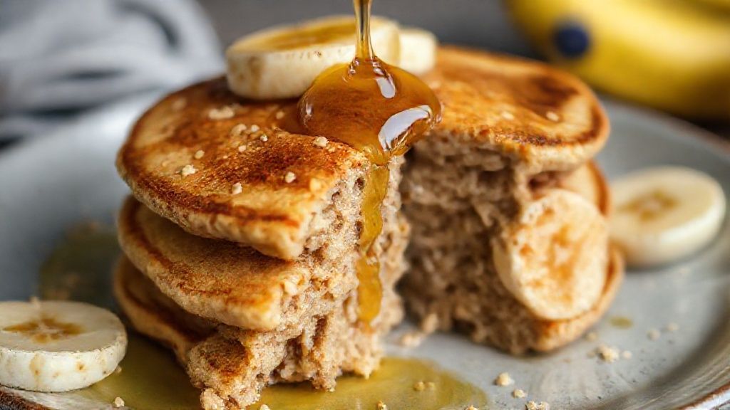 Close-up da panqueca pronta com mel escorrendo e frutas frescas por cima, destacando a textura dourada