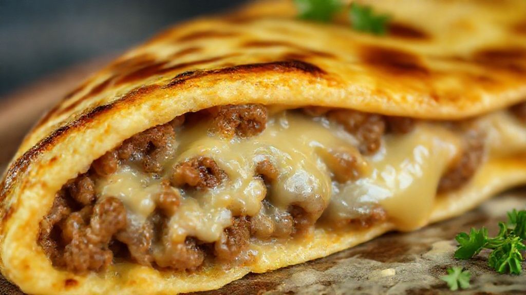 Close-up do interior da panqueca mostrando o recheio cremoso e queijo derretido