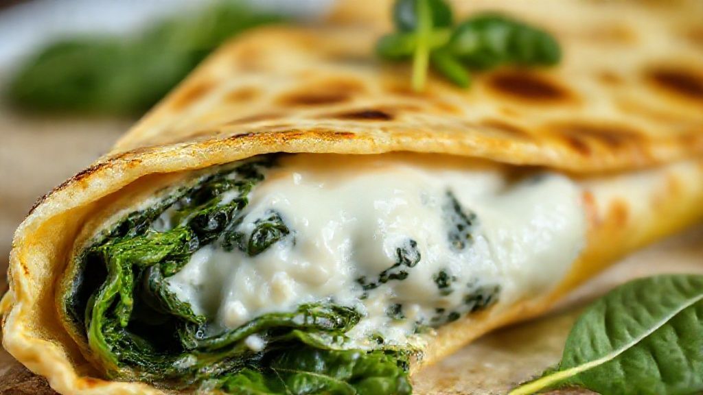 Close-up mostrando o interior cremoso da panqueca cortada, com ricota e espinafre visíveis