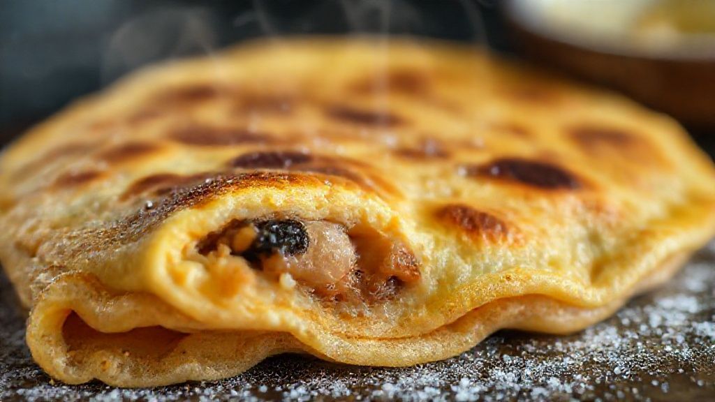 Close-up da panqueca Dukan cortada ao meio, mostrando recheio leve e textura dourada