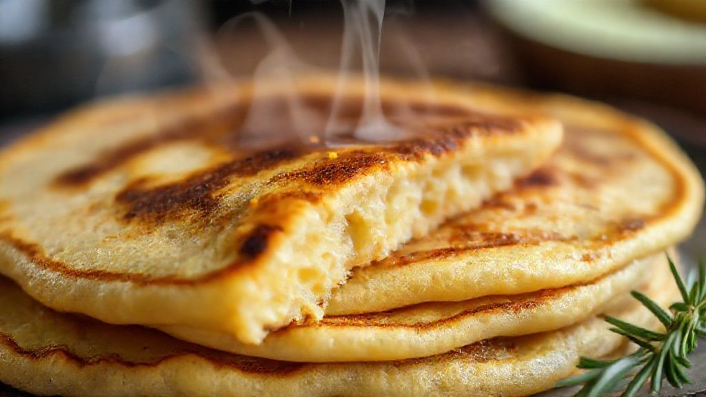 Close-up mostrando a textura da panqueca dourada, recheada e coberta com molho suculento
