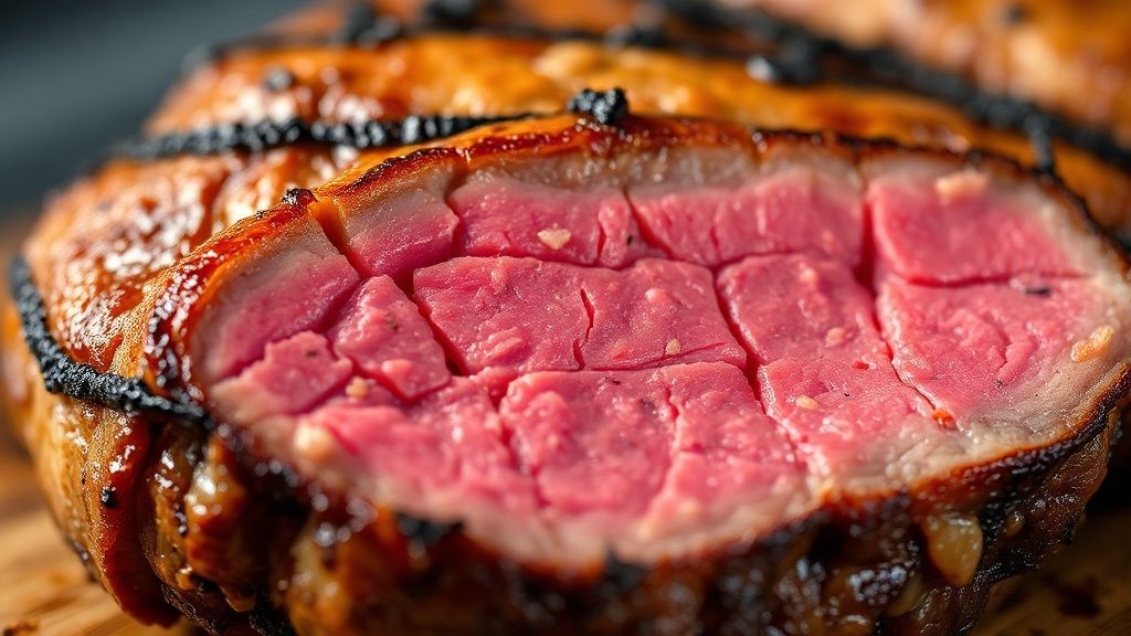 Close-up da picanha fatiada, mostrando a crosta dourada e o interior rosado e suculento