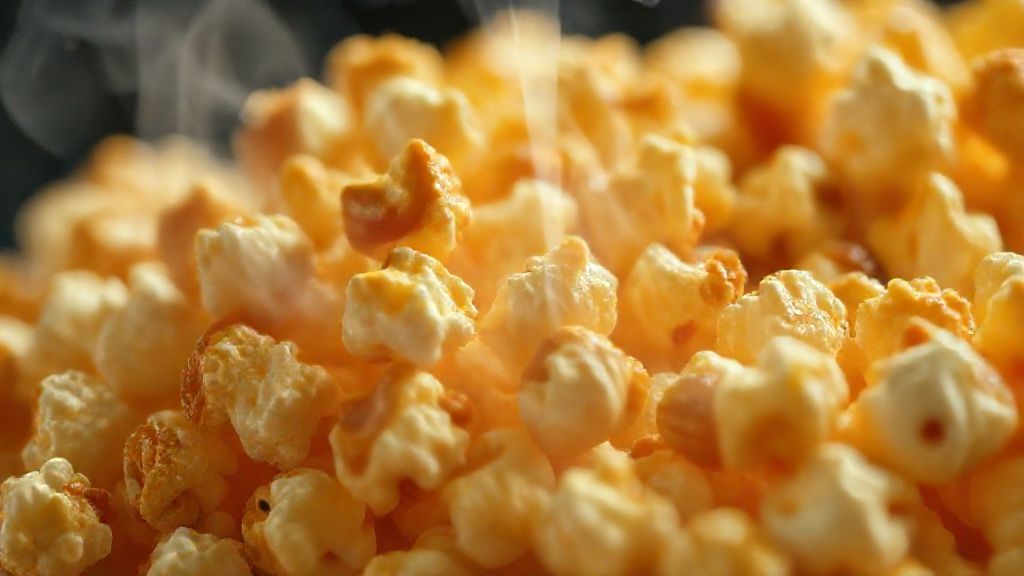 Close-up mostrando o brilho dourado e a textura crocante da pipoca doce
