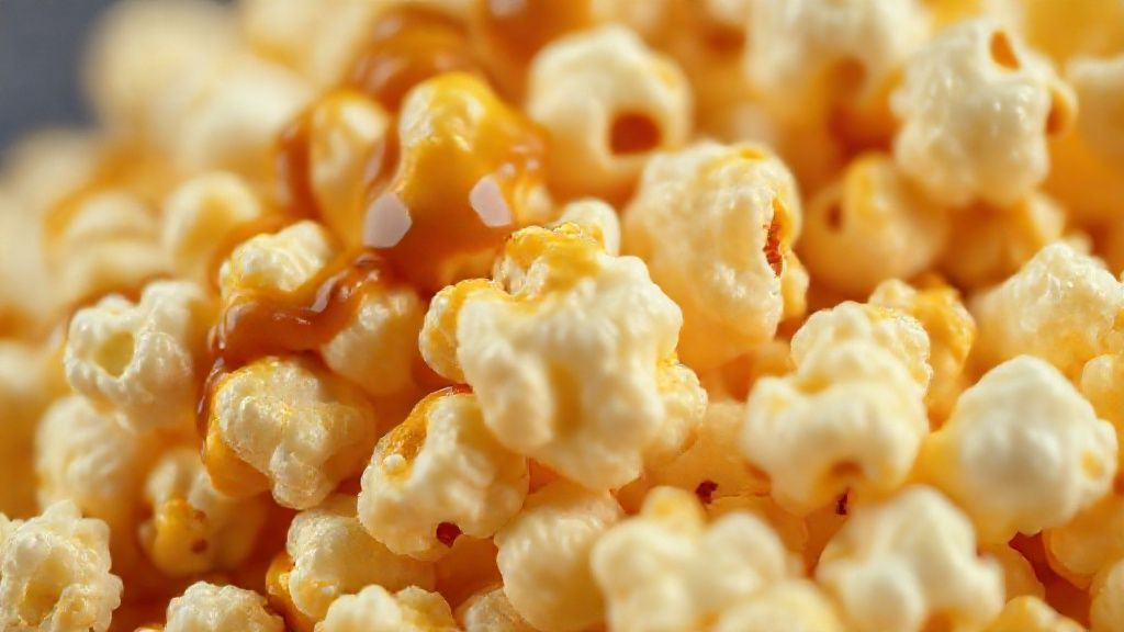 Close-up da pipoca gourmet mostrando textura crocante e cobertura brilhante