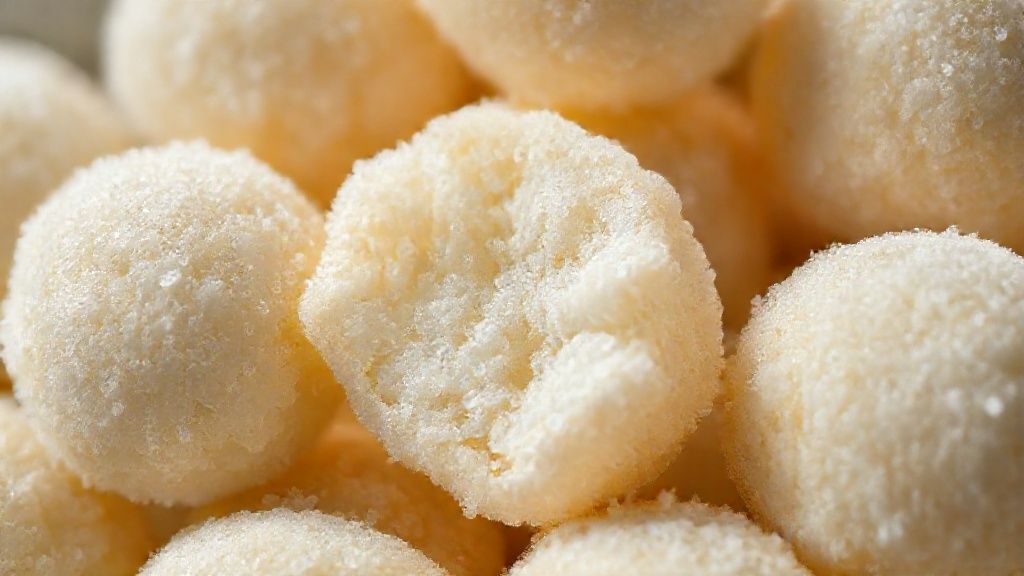 Close-up mostrando a textura crocante e o açúcar cristal brilhante sobre as pipoquinhas douradas