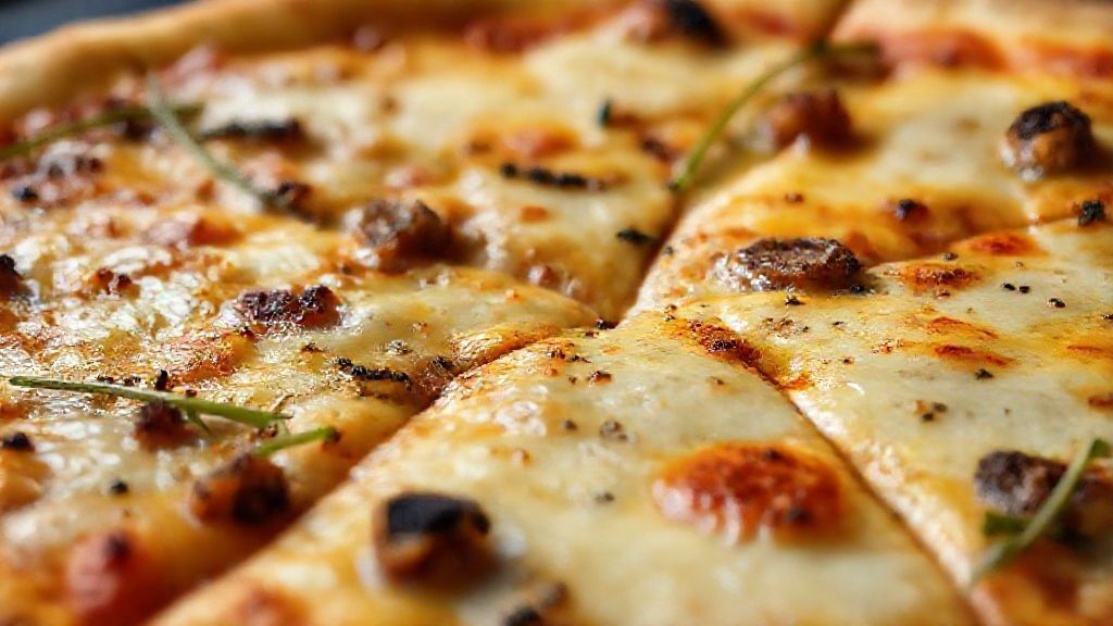 Close-up da fatia de pizza de sardinha mostrando a textura da massa e o queijo derretido