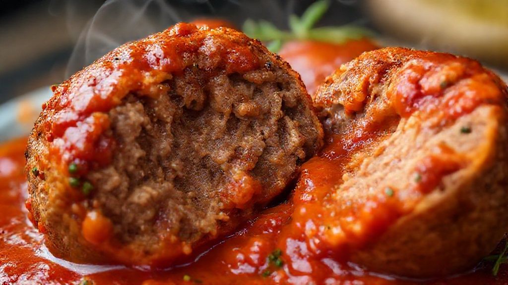 Close-up da polpeta cortada ao meio, mostrando a textura suculenta e o molho espesso