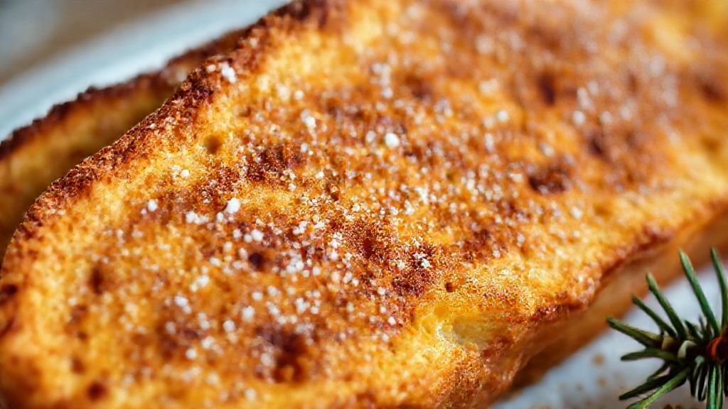 Close-up de uma rabanada dourada com textura crocante e açúcar com canela sobre o topo