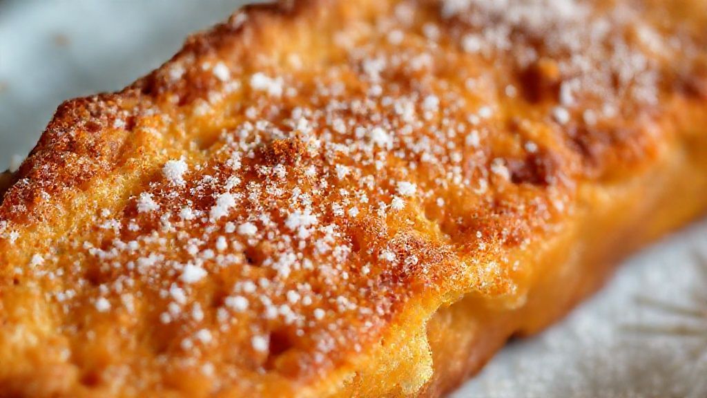 Close-up da rabanada dourada com cristais de açúcar e toque de canela sobre a superfície