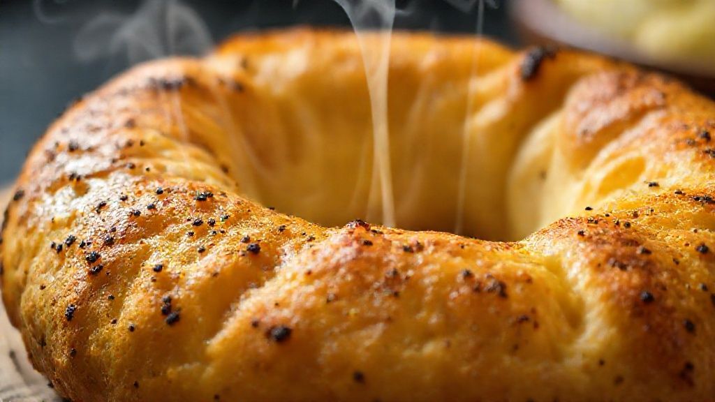 Close-up do interior cremoso da rosca de pão de queijo com crosta dourada e textura aerada.