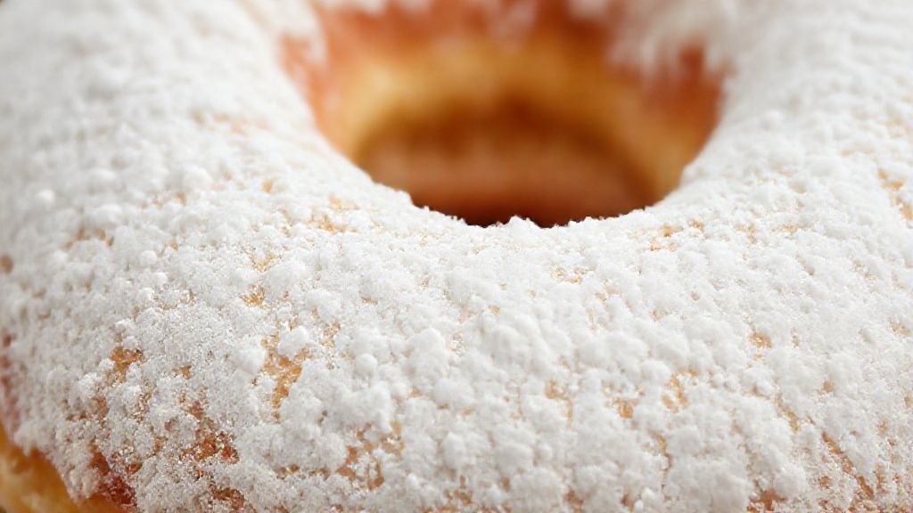 Close-up da rosquinha coberta com leite em pó, mostrando a textura fofa e o brilho da calda.