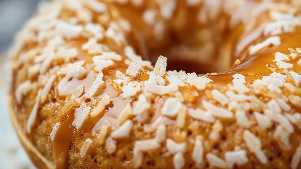 Close-up da rosquinha coberta com coco ralado e calda brilhante, destacando a textura