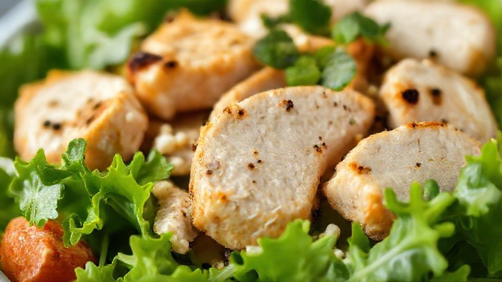 Close-up da salada com frango mostrando textura das folhas e o brilho do molho