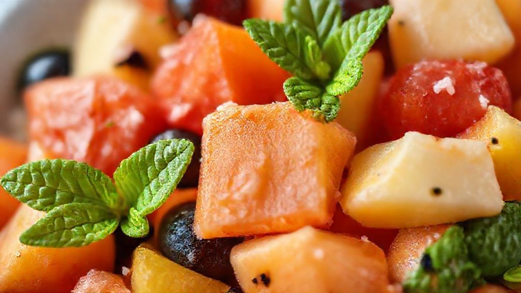 Close-up mostrando a textura úmida e colorida das frutas, cobertas com calda e folhas de hortelã