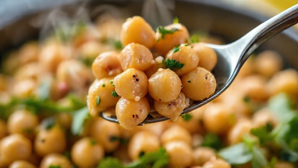 Close-up destacando a textura do grão de bico e o brilho do azeite sobre os legumes coloridos