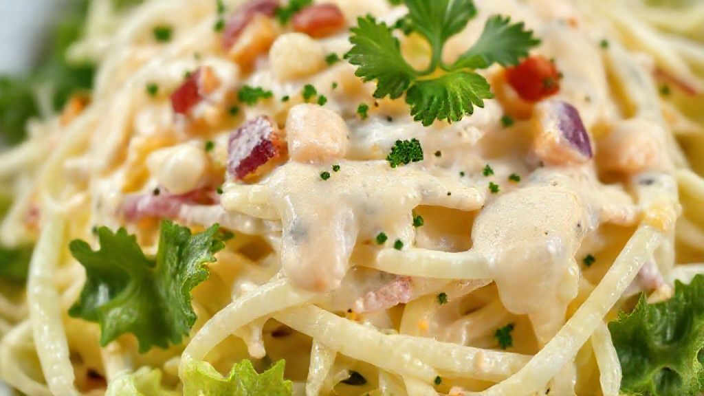 Close-up do prato pronto mostrando o contraste de cores e a textura cremosa da salada